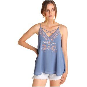 Umgee Dolphin Blue Embroidered Strappy Tank Top Tunic